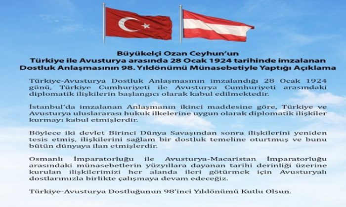 Büyükelçi Ozan Ceyhun’un Türkiye ile Avusturya arasında 28 Ocak 1924 tarihinde imzalanan Dostluk Anlaşmasının 98. Yıldönümü Münasebetiyle Yaptığı Açıklama